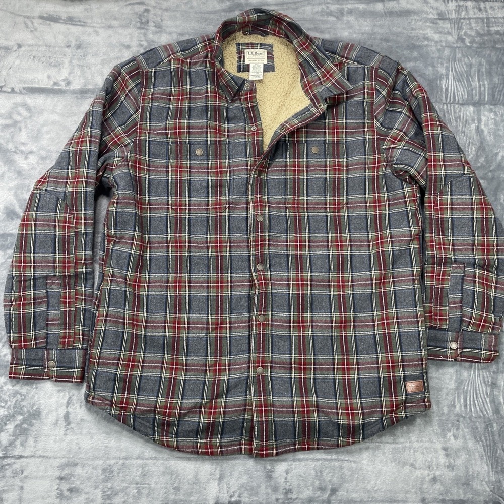 LL Bean Signature Flannel Shirt Men's L Red Plaid Sherpa Lined Button Up Shacket